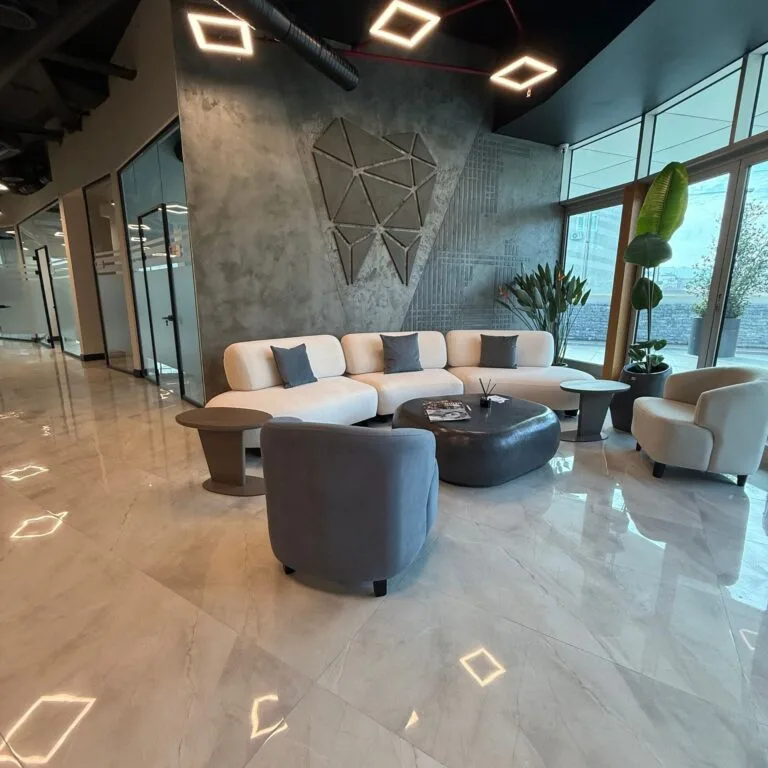 Daylit waiting and reception area at the clinic