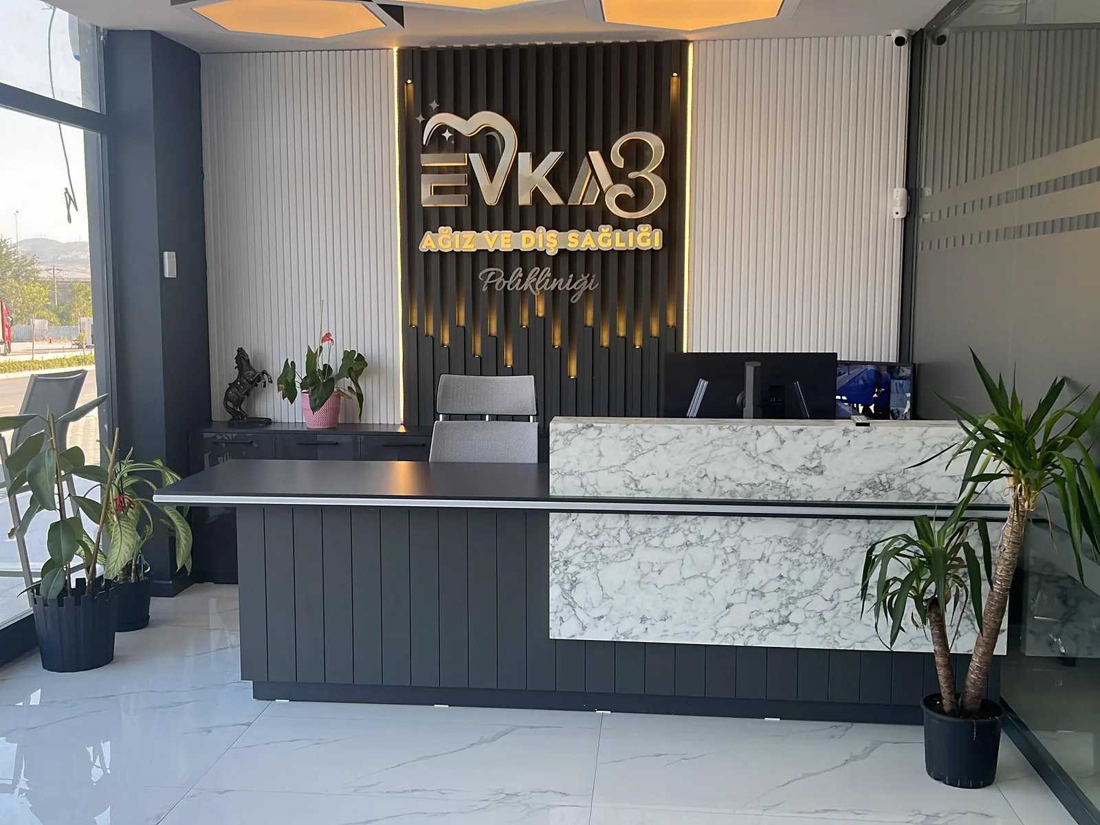 Clinic reception and welcome area with the Evka 3 logo