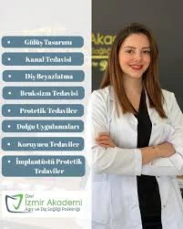 A dentist in front of the branded wall inside İzmir Akademi dental clinic