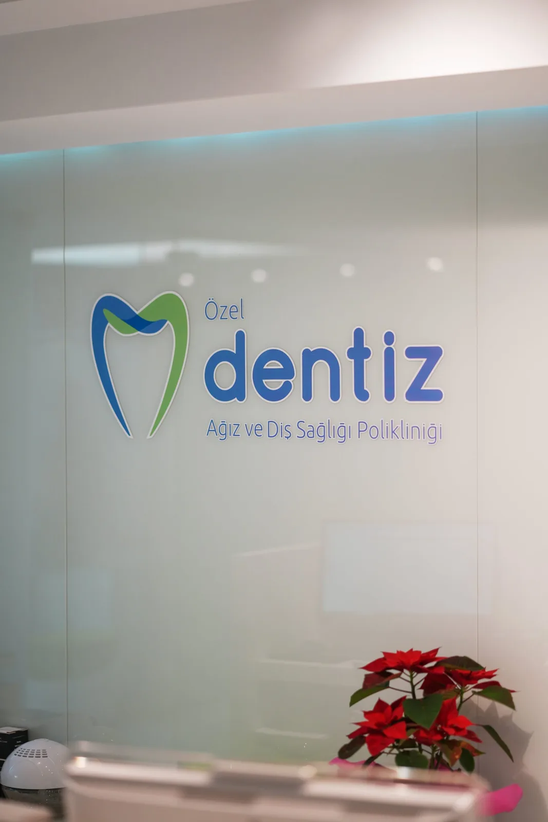 Dentiz reception area with the clinic logo